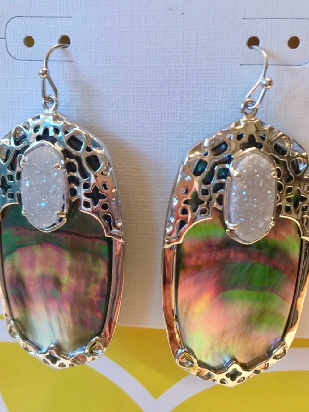 NWT Kendra Scott Deva Earrings Black Pearl Iridescent Drusy & Silver SUPER RARE